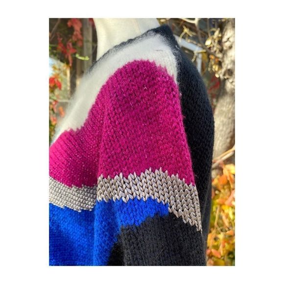 80s Color Block Knit Sweater Crew New Wave Colour Block Sz M - Picture 6 of 13